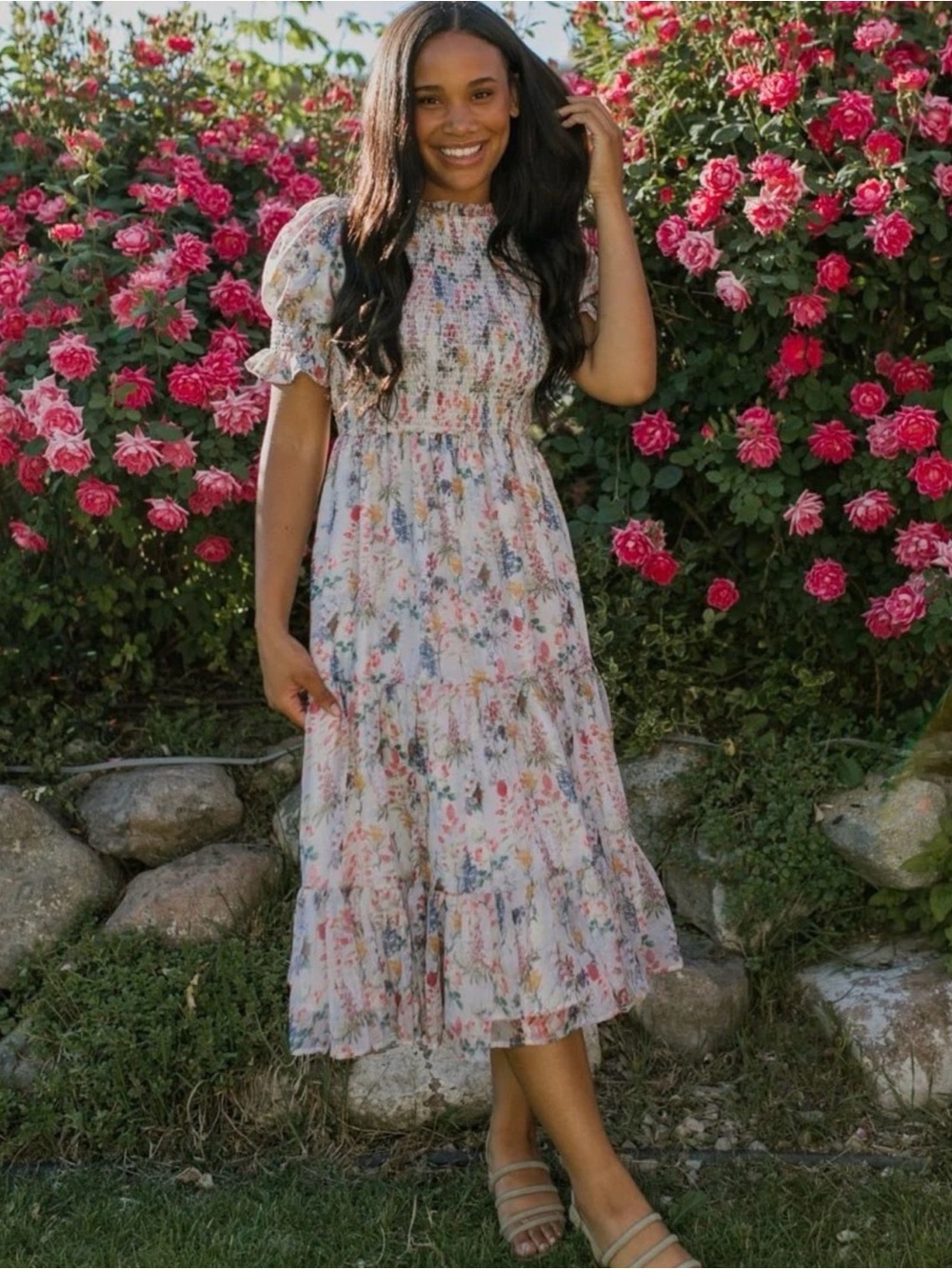 Ivy City Co Floral Smocked Midi Dress - White Multi